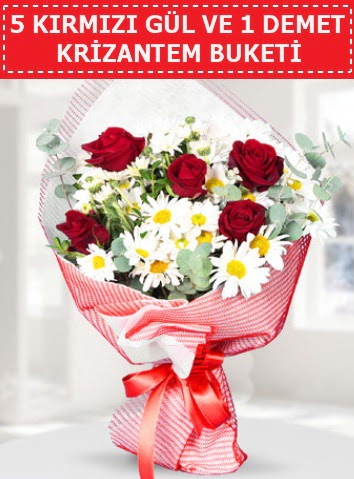 5 adet kırmızı gül ve krizantem buketi  Hatay uluslararası çiçek gönderme 